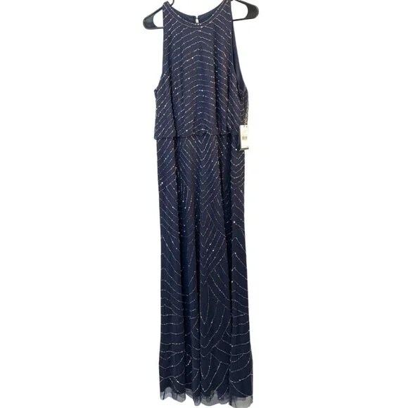 Adrianna Papell 18 Bead Halter Blousen Gown Navy Dress Art Deco Formal NwD - Picture 4 of 14